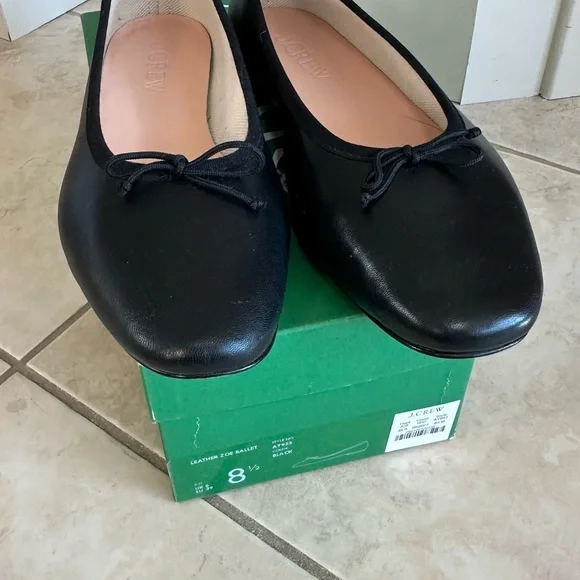 J. Crew Black Leather Ballet Flats with Bow Trim - Picture 3 of 4